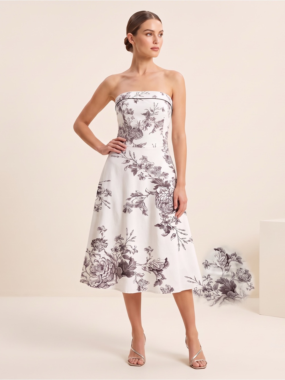 Teeze Me Strapless Floral A-Line Dress in Cream and Brown